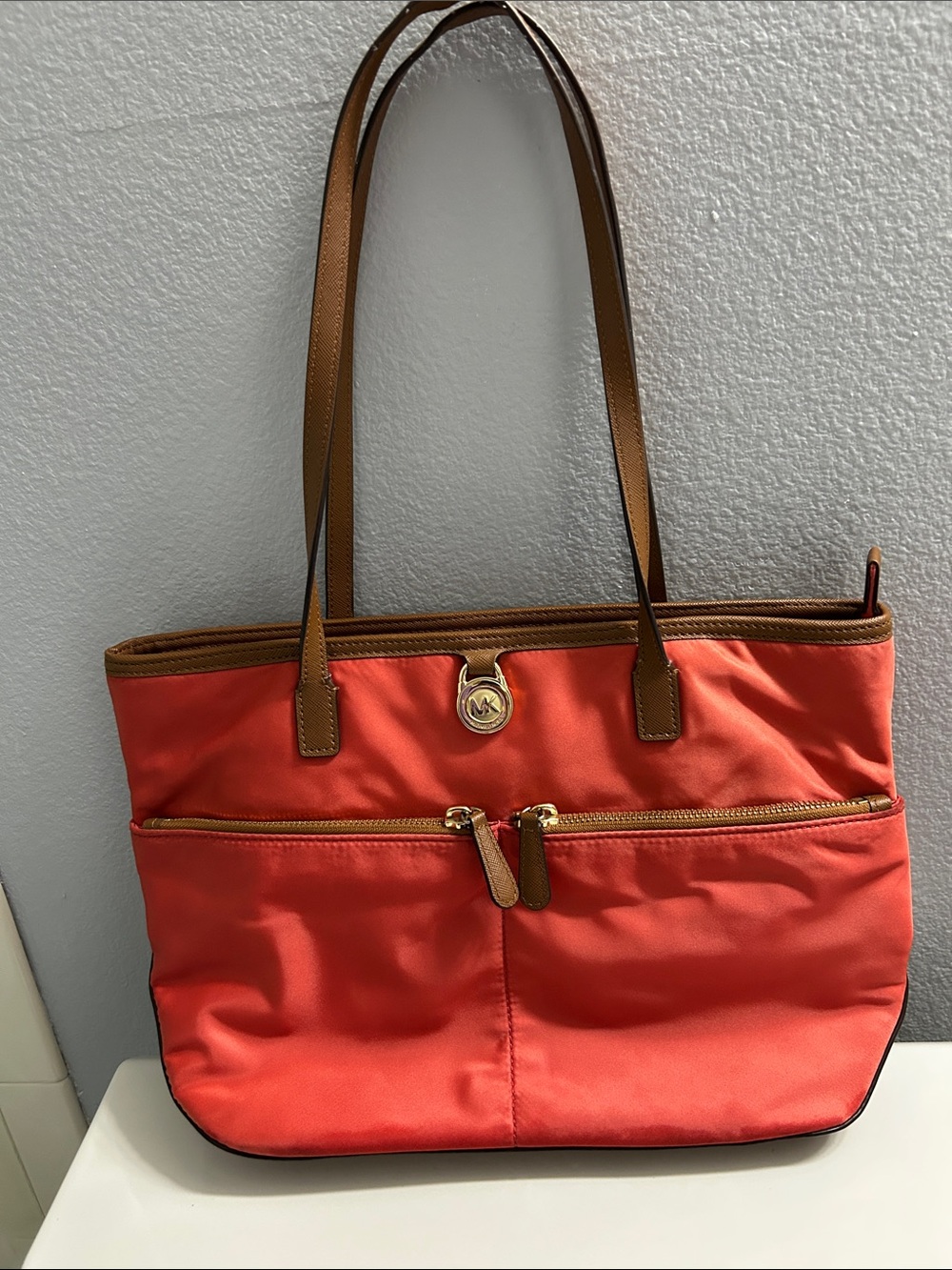 Michael Kors Coral Red Tote with Brown Leather Trim